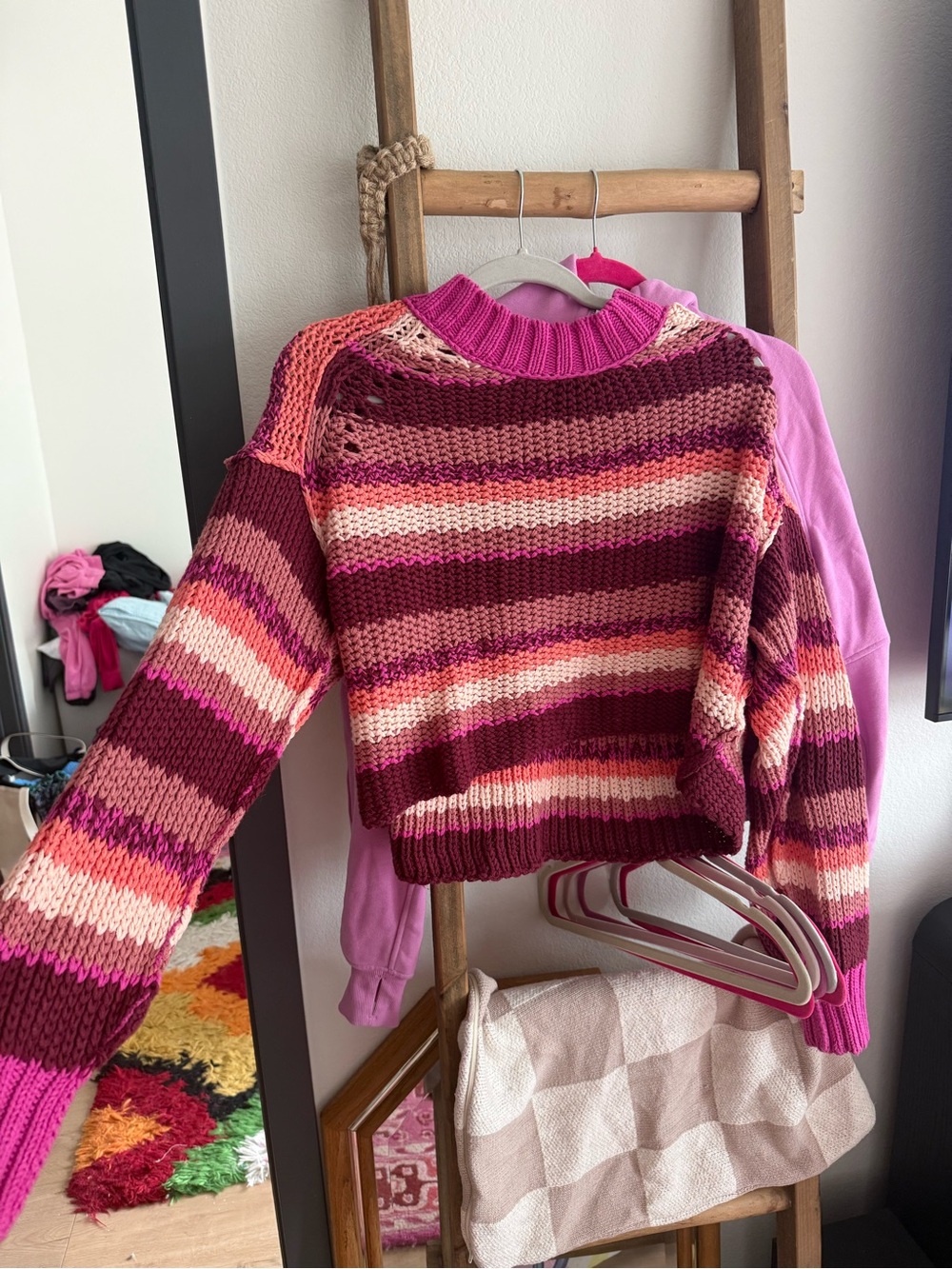 Free People Cropped Striped Knit Cowl Sweater in Pink, Burgundy & Coral